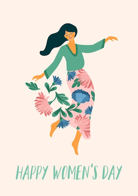 International Women s Day. dancing woman and flowers for card, poster, flyer and other users