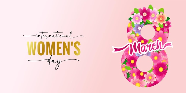 International Women's day elegant lettering and pink flowers. Floral number 8. Women's day banner