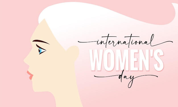 International Women's Day greeting card. Creative lettering, pink background and beautiful woman.