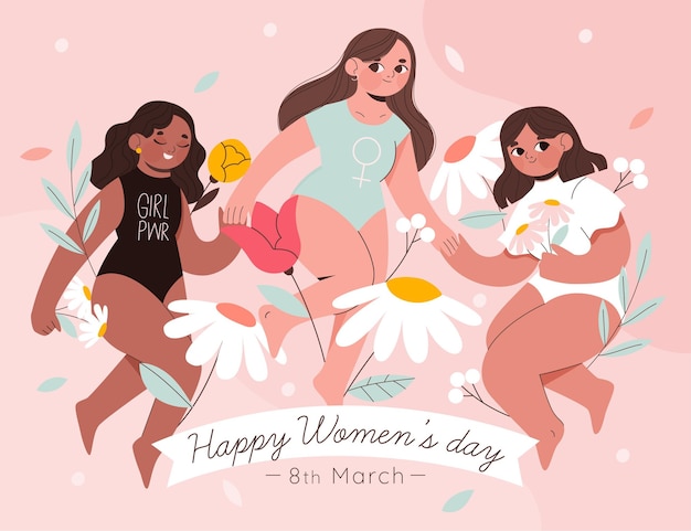 International women's day illustration with three women and flowers