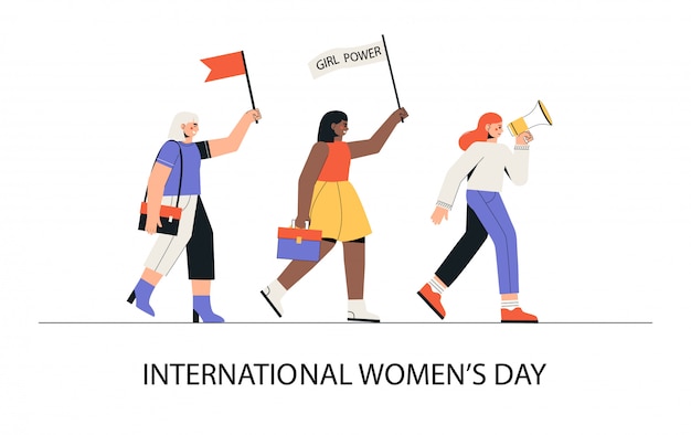 Vector international women's day, march 8. a group of women of different nationalities march with a loudspeaker and flags.