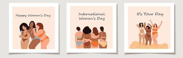 International Women's Day. A set of greeting cards with Body, different and diversity with underwear