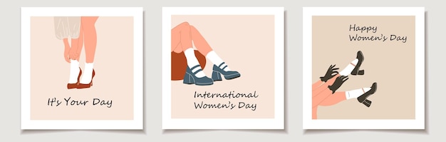 International Women's Day. A set of greeting cards with Female legs in stylish shoes with heels