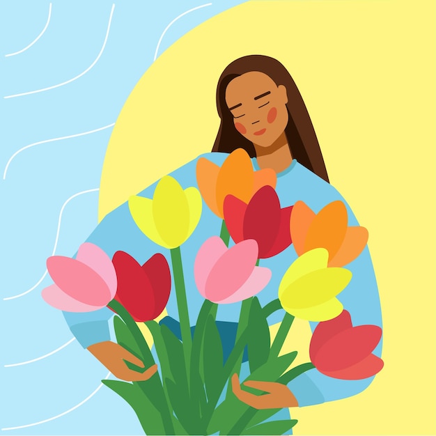 International Women's Day. Spring holiday on 8 March. Bouquet of tulips. Flat vector Illustration.