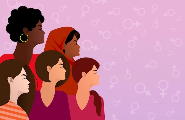 International Women's Day Vector illustration of five happy smiling diverse women standing together