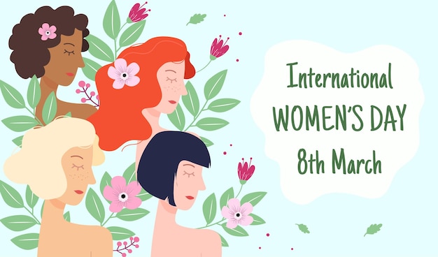 International womens day card with women profiles