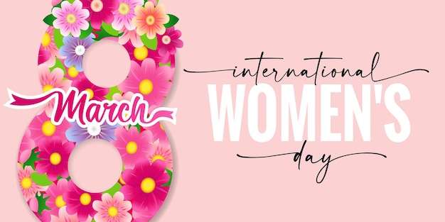 International womens day elegant lettering and floral pink number 8. Women's day banner.