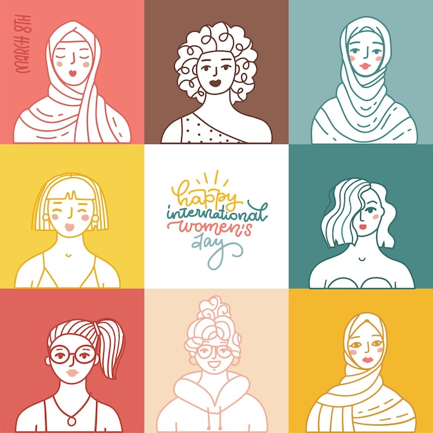 International womens day greeting card linear womens portrait collection on color squares women of d