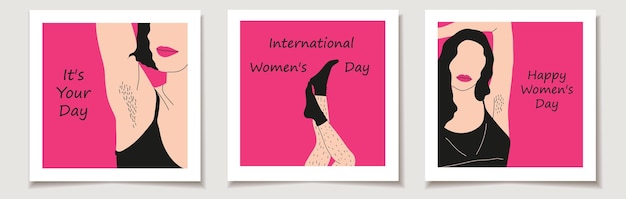 Vector international womens day greeting cards set featuring handdrawn