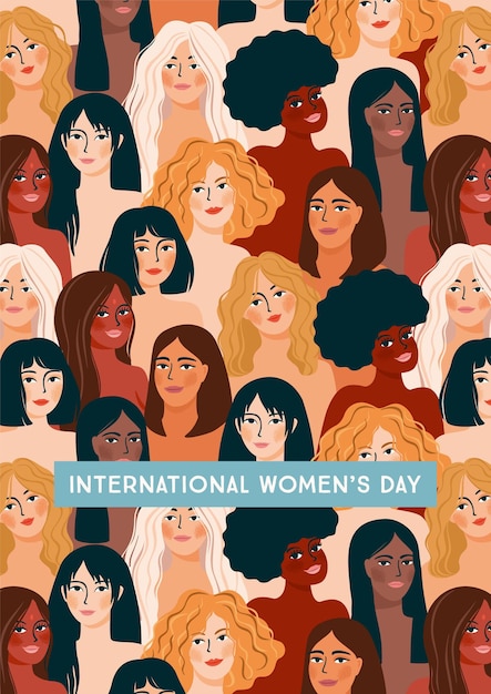 International Womens Day. Illustration with women different nationalities and cultures.