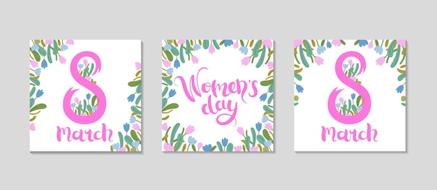 International Womens day square greeting post set Floral festive frame for Social media