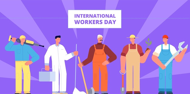 International workers day Labour worker profession occupations holiday poster Diverse workers in uniform industrial job utter vector banner