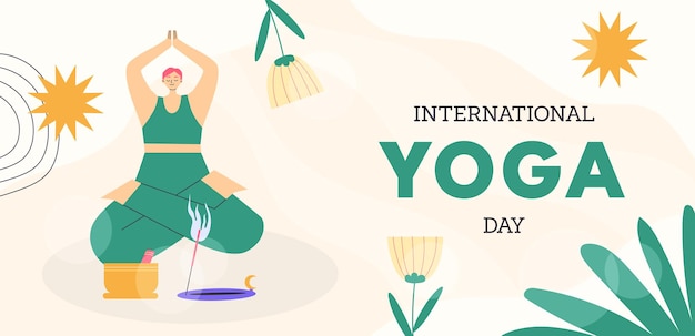 International yoga day banner Woman practicing yoga in lotuspose Vector hand drawn