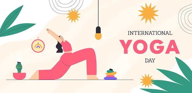 International yoga day banner Woman practicing yoga in warrior pose Vector hand drawn