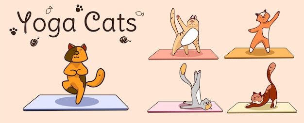 Vector international yoga day cats yoga different yoga poses and exercises colorful flat vector