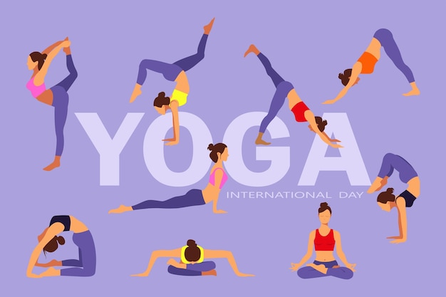 International yoga day Collection of female cartoon characters demonstrating various yoga positions