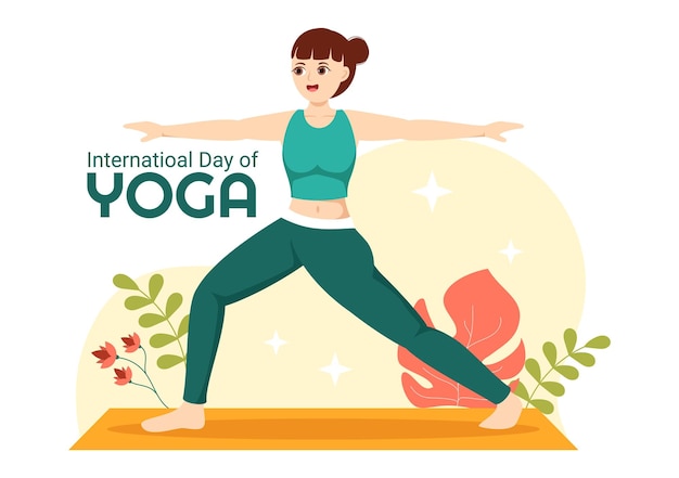 International Yoga Day Illustration on June 21 with Woman Doing Body Posture Practice or Meditation