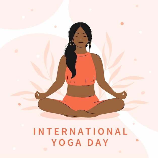 International Yoga Day. Woman with dark skin and hair meditating, practicing yoga.