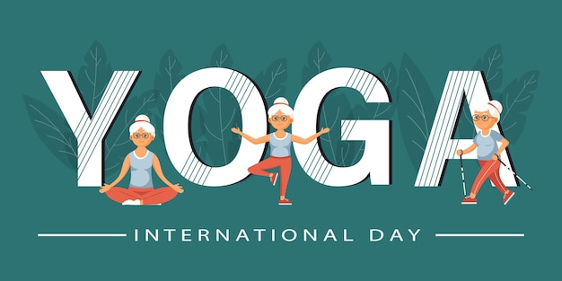 Vector international yoga day yoga poses set with letters and lotus flowers a woman practices yoga