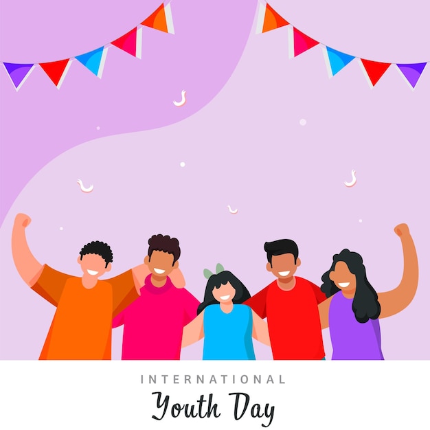 International Youth Day Concept With Cartoon Teenage Friends Together On Pastel Violet And White Background