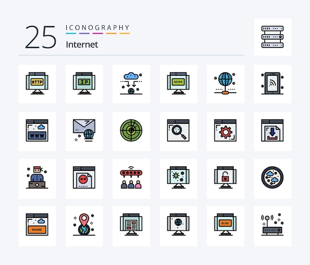 Internet 25 Line Filled icon pack including internet news antenna journal communications