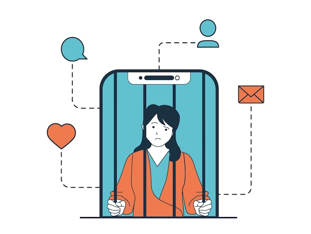 Internet addiction concept with character situation Woman has addict for social networks and sits in smartphone like prisoner in cage Vector illustration with people scene in flat design for web