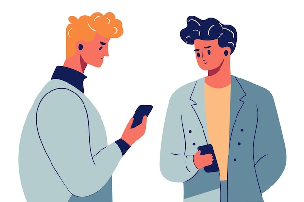 Vector internet addiction modern flat style two guys are looking at smartphones