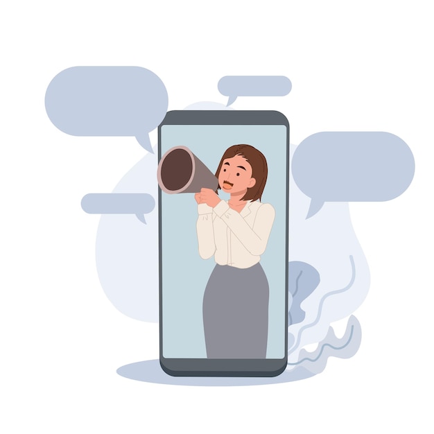 Internet advertisement a woman shouting in loud speaker came out from smartphone Influencer marketingvector illustration