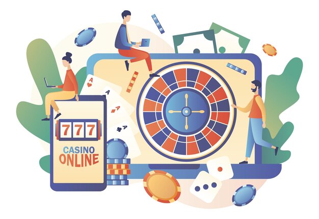 Vector internet casino and gambling concept tiny people gaming online gambling games people play online poker roulette slot machine modern flat cartoon style vector illustration on white background