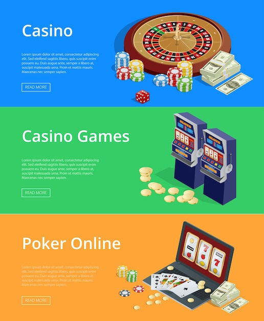 Vector internet casino games, online poker rooms, slot machines flat illustration concepts set. modern flat design concepts for web banners, web sites, printed materials, infographics