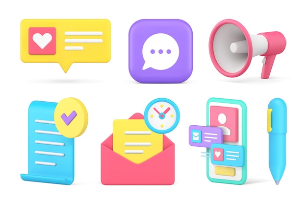 Internet chatting incoming message communication social network advertising set 3d icon vector