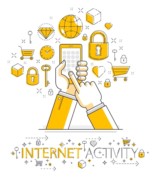 Internet communication and activity, man hands holding phones and using apps, global network, modern communication, messenger, online payments and shopping, vector design.