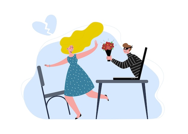 Internet dating scam. The girl is annoyed by the deception. The man is a thief, a cheater. A man tries to deceive a woman over the Internet.  Flat vector illustration.