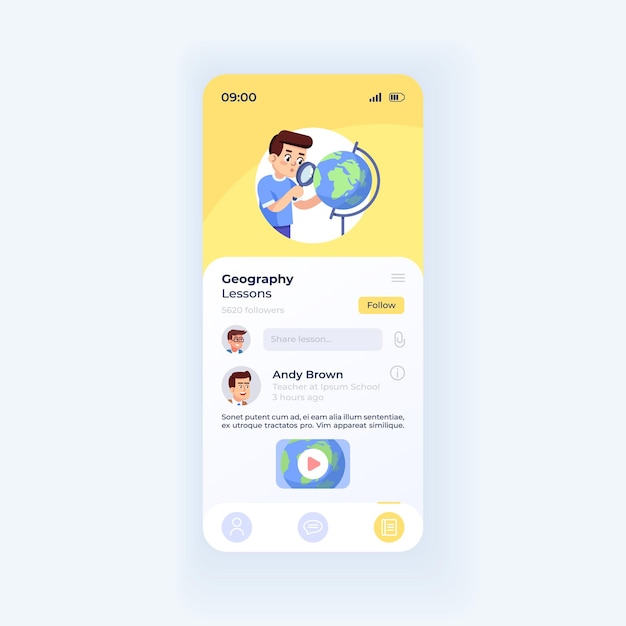 Internet education application smartphone interface vector template. Mobile app page light theme design layout. Lessons list screen. Flat UI for application. Online teacher page on phone display