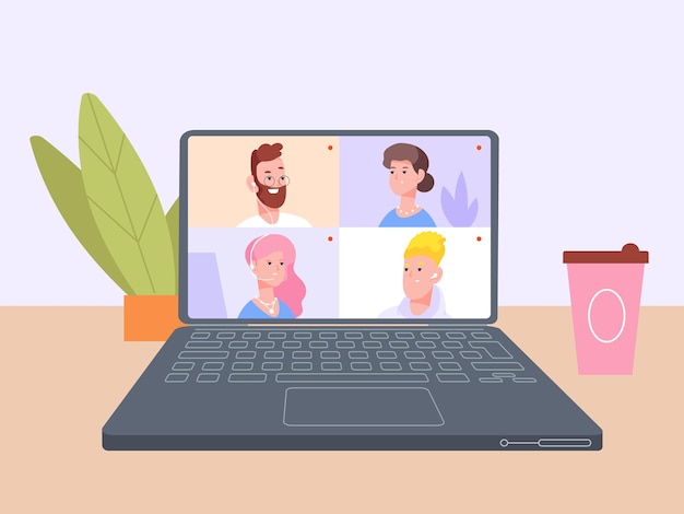 Internet learning team Online meeting virtual zoom conference in laptop university chat digital communication vector illustration