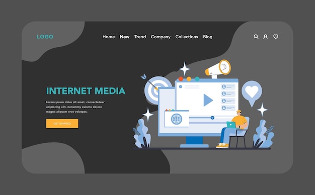 Internet media night or dark mode web or landing page online content engagement and user interaction