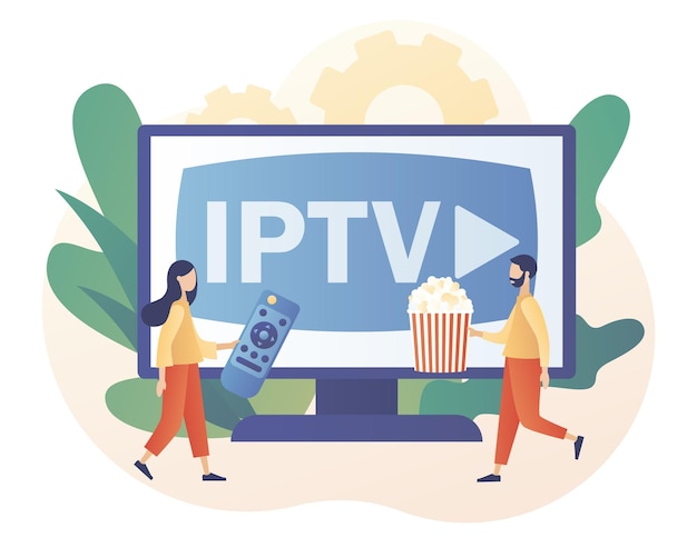 Internet protocol television. IPTV concept. Tiny people watch digital media TV stream with popcorn.