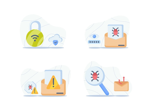 Internet security concept icon set package collection with padlock and bugs virus with magnifying zoom tools