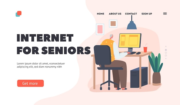 Internet for Seniors Landing Page Template Grandpa Using New Technologies Old Male Character Sit at Desk with Pc Typing Message Watch Video or Surfing in Networks Cartoon Vector Illustration