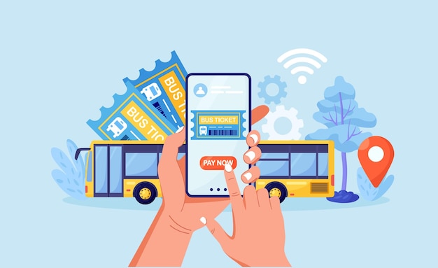 Internet service for book and buy bus ticket Travel and tourism concept Tourist planning trip online Passengers buying tickets for bus in mobile app Vector design