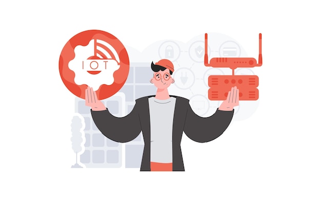 Internet of things and automation concept A man is holding an internet thing icon in her hands Router and server Good for presentations and websites Vector illustration in trendy flat style