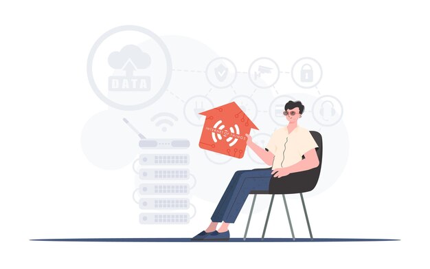 Vector internet of things concept a man sits in an armchair and holds a house icon in his hands good for presentations vector illustration in trendy flat style