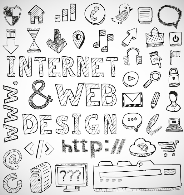 Internet and web design hand drawn doodles