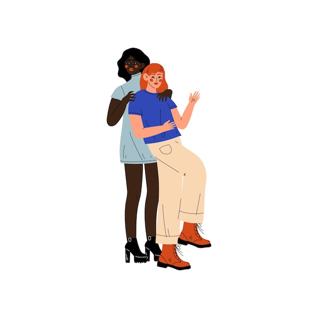 Interracial Lesbian Couple Two Happy Women Hugging Romantic Homosexual Relationship Vector Illustration on White Background