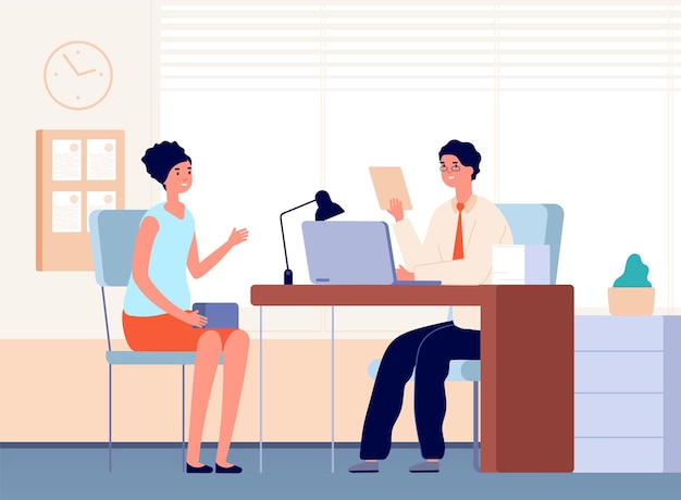 Interview with boss. Job occupation, female communication in office with businessman or hr manager. Recruitment employee vector illustration. Business hr candidate, recruitment office, hiring woman