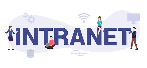 Intranet internet network concept with big word or text and team people with modern flat style vector illustration