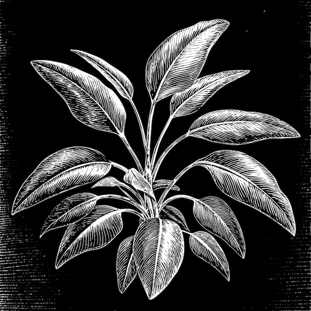 Intricate Black and White Botanical Illustration of Tropical Plant Leaves