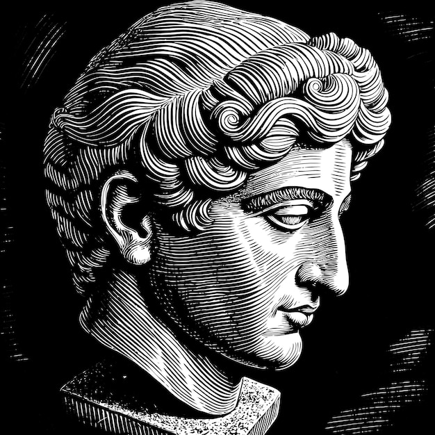 Intricate Black and White Etching of a Classical Bust