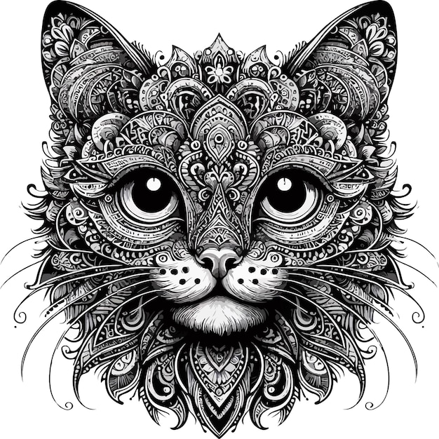 intricate black and white illustration of a cat