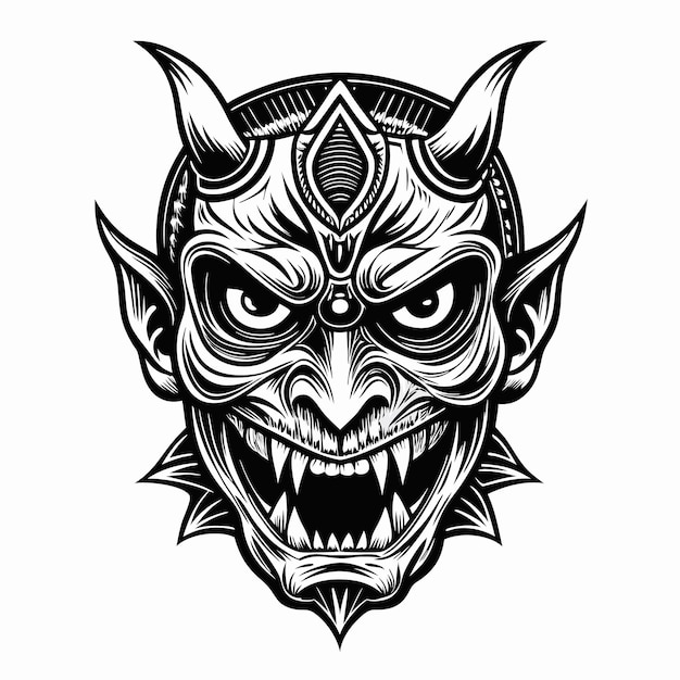 Intricate Black and White Illustration of a Fierce Demon Mask with Horns and Sharp Features